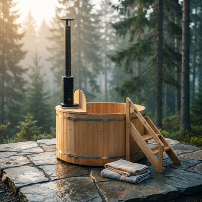 Wood Fired 4-Person to 5-Person 0-Jet Hot Tub and Ice Bath with Internal Stove Pine — Studio Shot